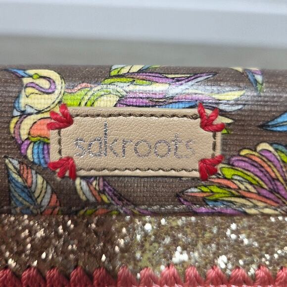 sakroots Nature Gold Glitter Trifold Wallet Multicolor Embroidered Feathers - Picture 6 of 10
